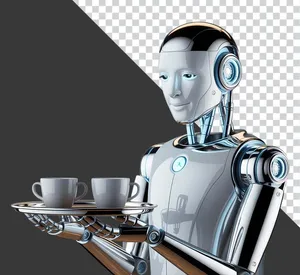 Robot phục vụ cà phê hiện đại với khay hai tách PNG