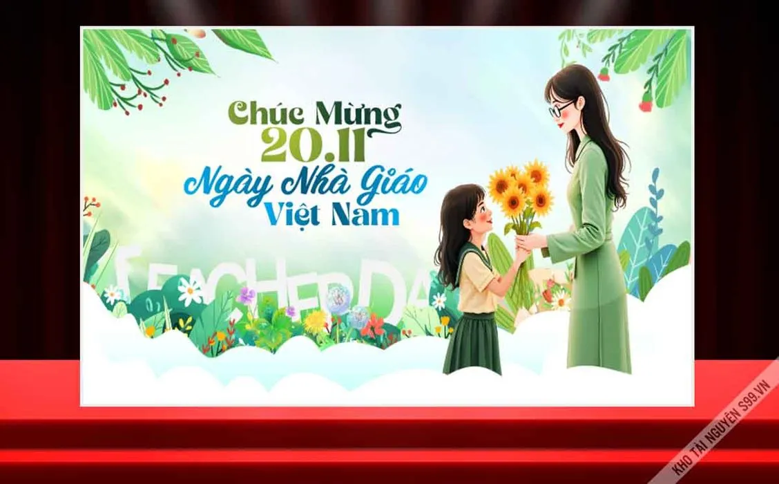 Phông nền Ngày Nhà Giáo Việt Nam – Cô và trò tặng hoa