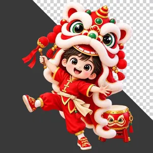 File PNG - Hình ảnh em bé trai mặc áo dài đỏ đội đầu lân nhảy múa