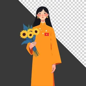 File PNG hình ảnh cô gái mặc áo dài màu vàng có cờ Việt Nam cầm bó hoa hướng dương