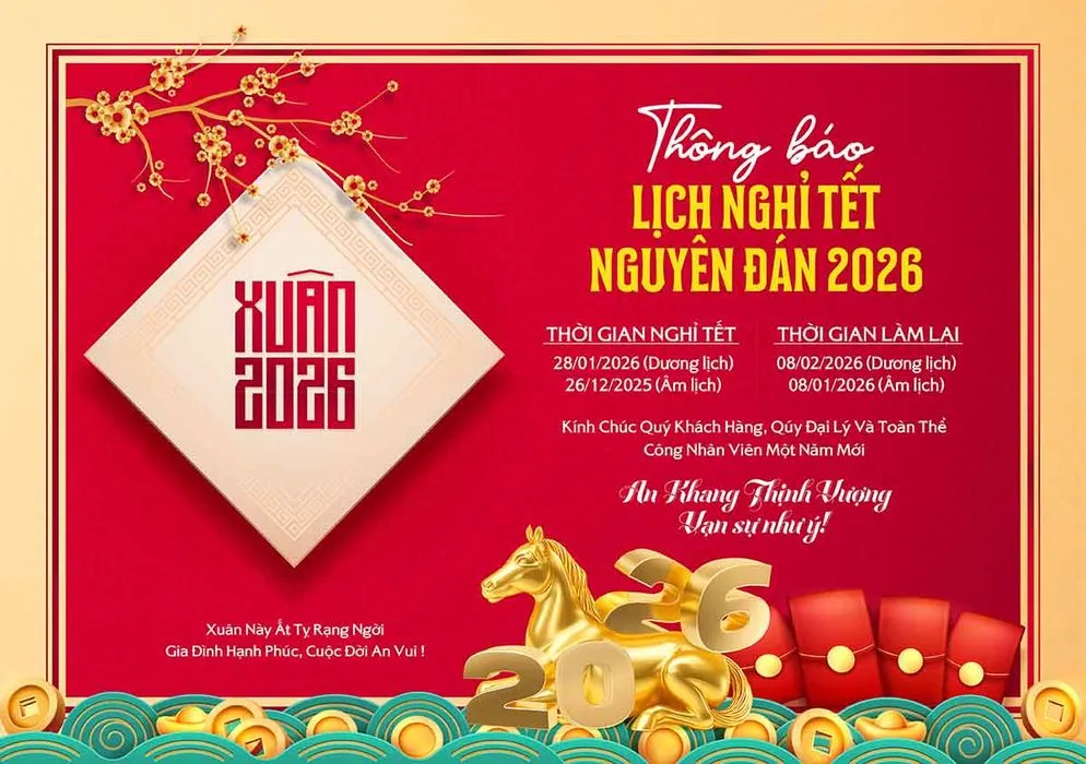 File PSD lịch nghỉ Tết Nguyên Đán 2026 vàng đỏ sang trọng