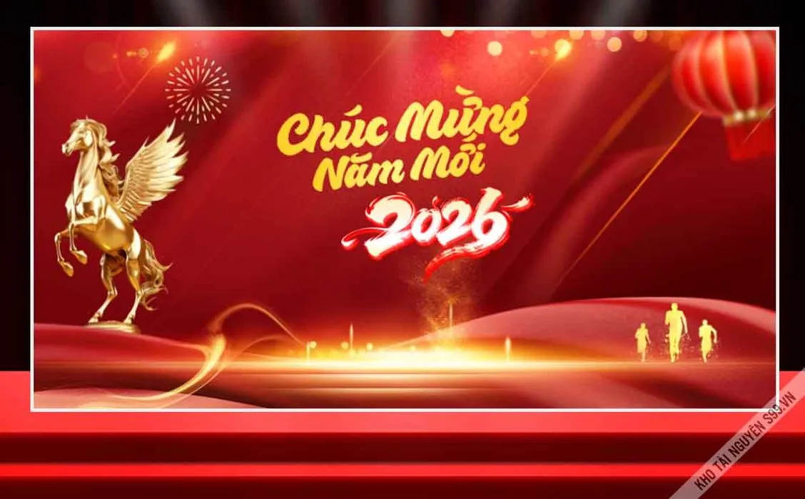 File Corel Chúc Mừng Năm Mới 2026 Nền Đỏ Ngựa Vàng Có Cánh