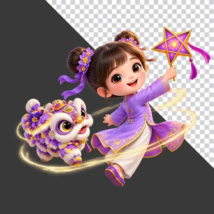 File PNG - Hình ảnh em bé gái mặc áo dài tím cầm đèn lồng ngôi sao cùng lân hoạt hình