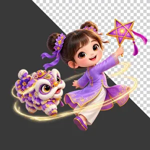 File PNG - Hình ảnh em bé gái mặc áo dài tím cầm đèn lồng ngôi sao cùng lân hoạt hình