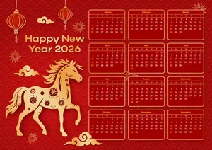 Lịch Năm Mới 2026 Hình Ngựa Đỏ Vàng Trang Trí Đèn Lồng