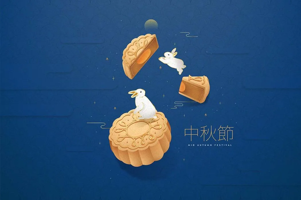 Thỏ ngọc bên bánh trung thu vàng trên nền xanh đêm Trung Thu