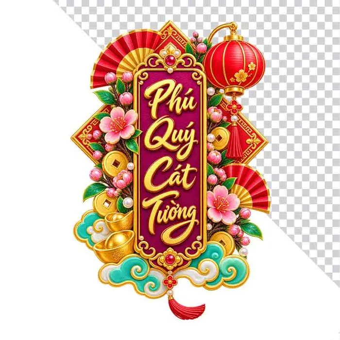 Liễn Phú Quý Cát Tường hoa đào lồng đèn thỏi vàng.PNG