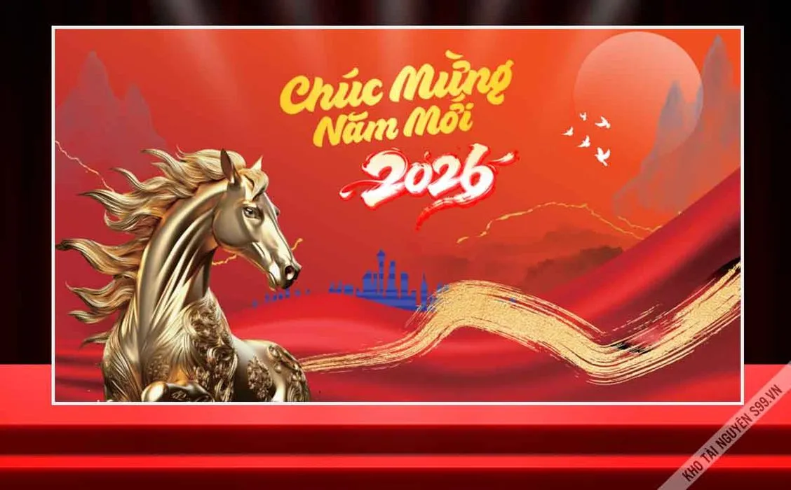 Chúc mừng năm mới 2026 ngựa vàng phong cảnh giấy nghệ thuật - File corel