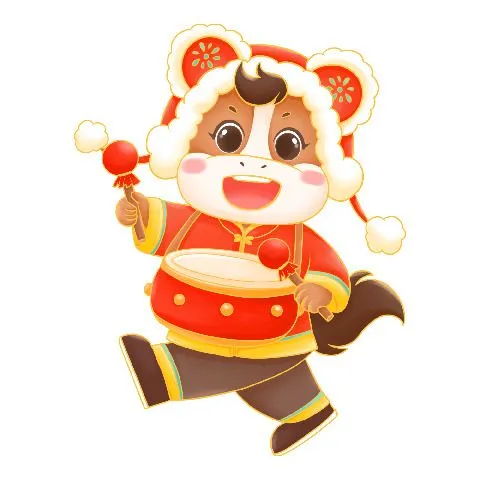 File PSD Ngựa con mặc đồ tết đánh trống múa lân vui nhộn