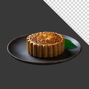 Bánh trung thu truyền thống trên đĩa gốm đẹp mắt - File PNG