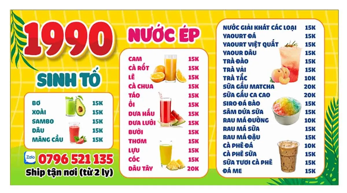 File Corel Menu Nước Ép Sinh Tố 1990