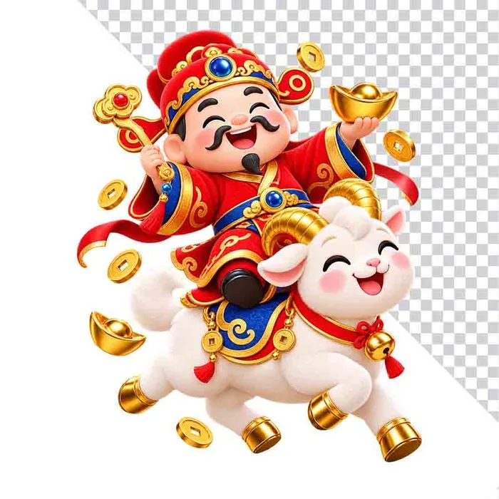 File PNG - Hình ảnh thần tài cầm gậy như ý cưỡi dê trắng thỏi vàng