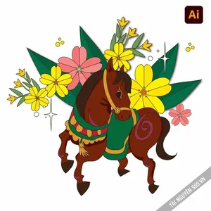 Ngựa nâu trang trí hoa mai ngày Tết – File Ai