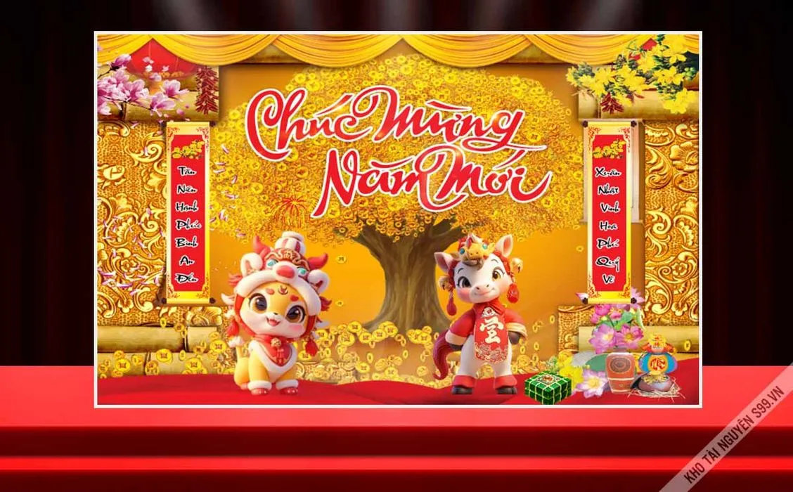 Chúc Mừng Năm Mới 2026 ngựa chibi bên cây tiền vàng và câu đối đỏ File corel