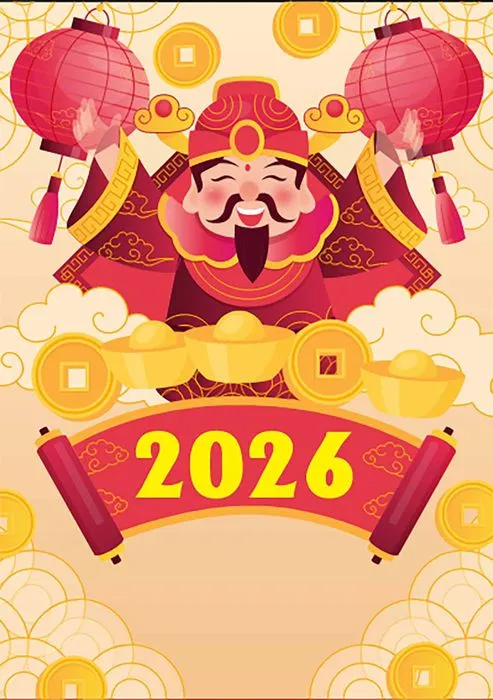 File Corel Thần Tài Chúc Mừng Năm Mới 2026 Cầm Thỏi Vàng