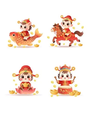 Bộ Tứ Linh Vật Chúc Tết Cá Chép, Ngựa Tài Lộc, Hoa Sen - File PSD