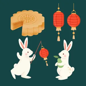File AI minh họa bánh trung thu, đèn lồng đỏ và hai chú thỏ dễ thương trong không khí Trung Thu.