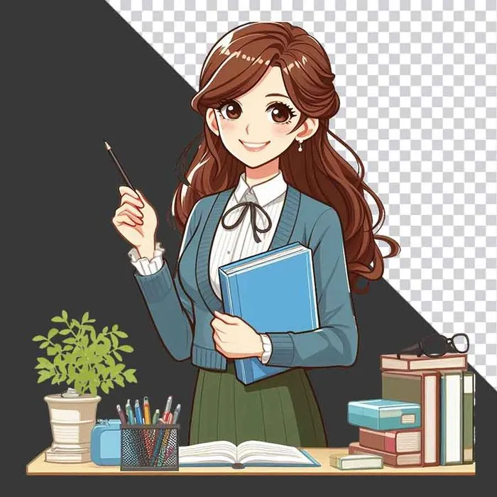 File PNG hình ảnh cô giáo tóc nâu cầm cuốn sách và cây bút đứng cạnh bàn học
