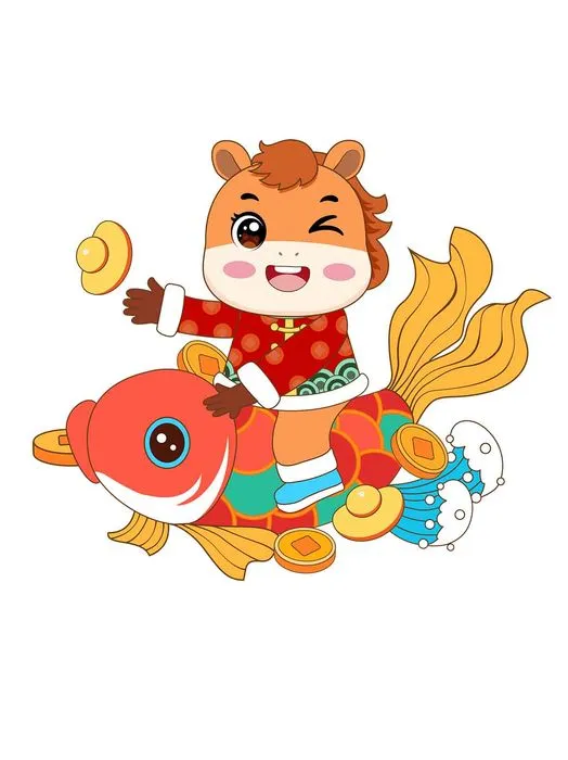 File PSD Ngựa hoạt hình cưỡi cá chép tiền vàng Tết