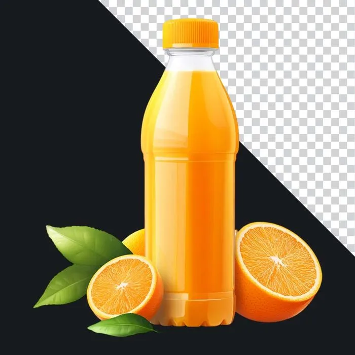 File PNG nước cam tươi đóng chai và quả cam mọng nước cùng lá xanh