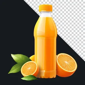 File PNG nước cam tươi đóng chai và quả cam mọng nước cùng lá xanh