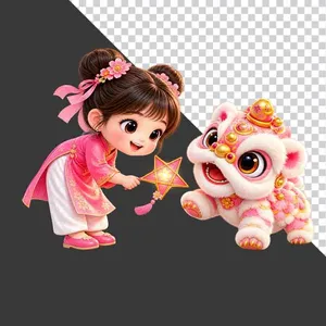 File PNG - Hình ảnh em bé gái mặc áo dài hồng chơi đùa cùng chú lân hồng