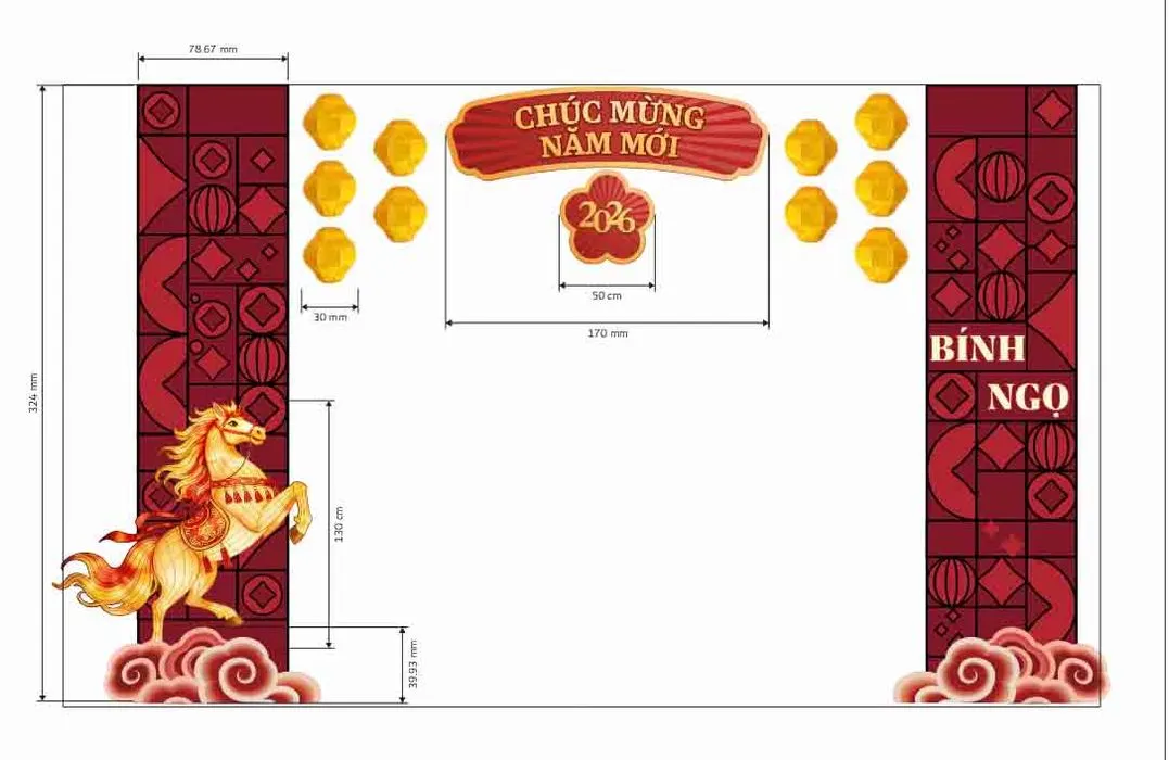 Mẫu thiết kế cổng chào chúc mừng năm mới 2026 Bính Ngọ File Corel