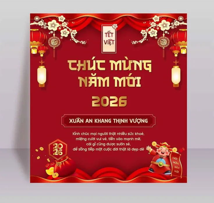File PSD Thiệp chúc mừng năm mới 2026 màu đỏ vàng ngựa vàng may mắn