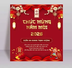 File PSD Thiệp chúc mừng năm mới 2026 màu đỏ vàng ngựa vàng may mắn