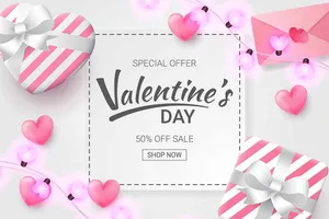Banner Valentine quà tặng hộp tim dây đèn File EPS