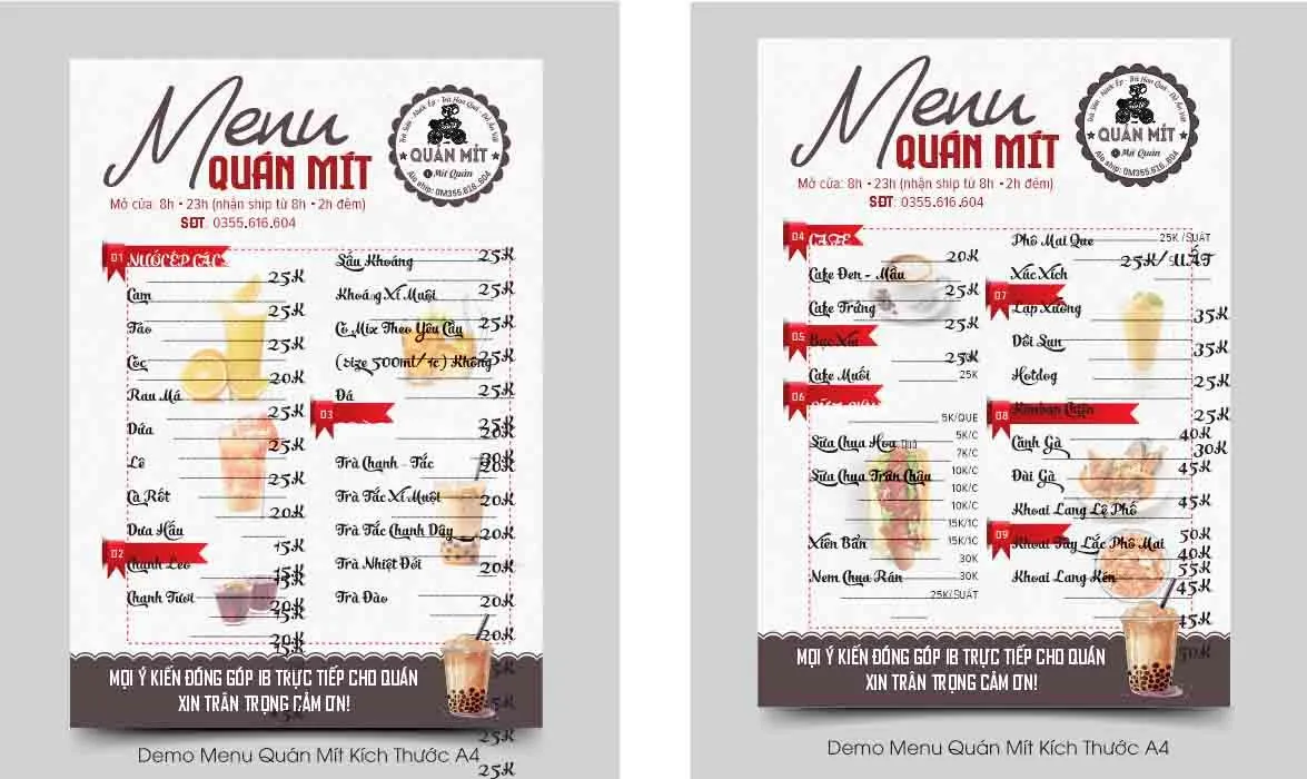 Menu Quán Mít  giải khát - File CDR Editable Cho Đồ Uống & Trà Sữa