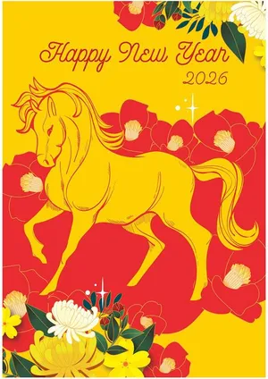 Thiệp chúc mừng năm mới 2026 ngựa vàng hoa đỏ File EPS