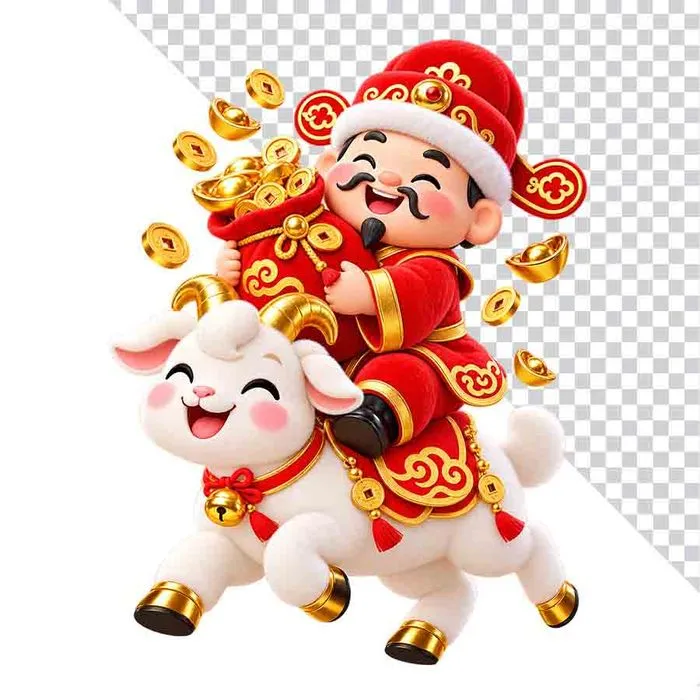 File PNG - Ông Thần Tài ôm túi tài lộc đầy ắp vàng cưỡi dê trắng