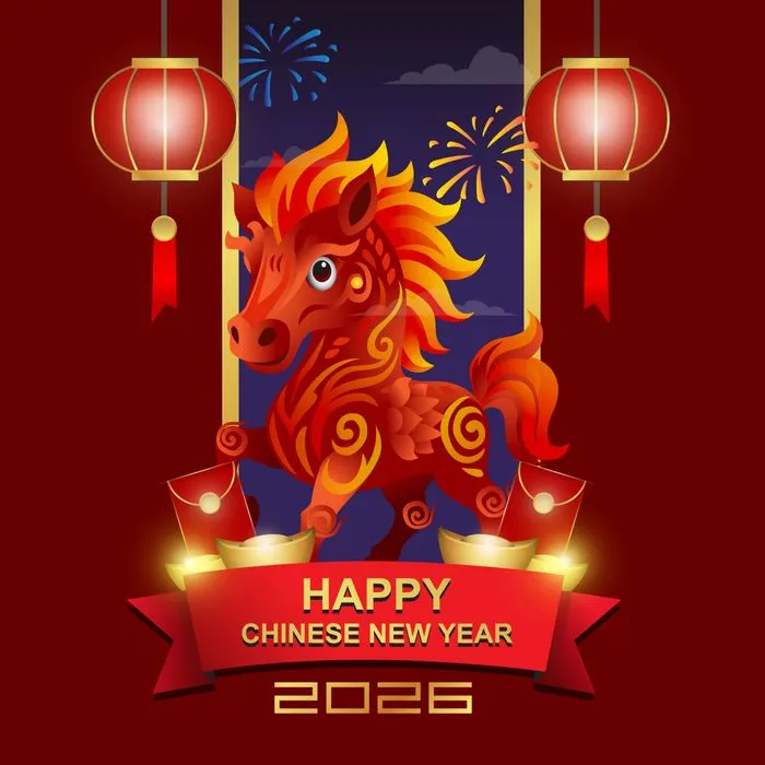 File Ai ngựa đỏ dễ thương 2026 pháo hoa và bao lì xì