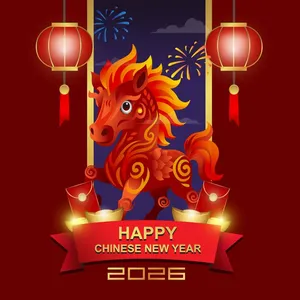File Ai ngựa đỏ dễ thương 2026 pháo hoa và bao lì xì