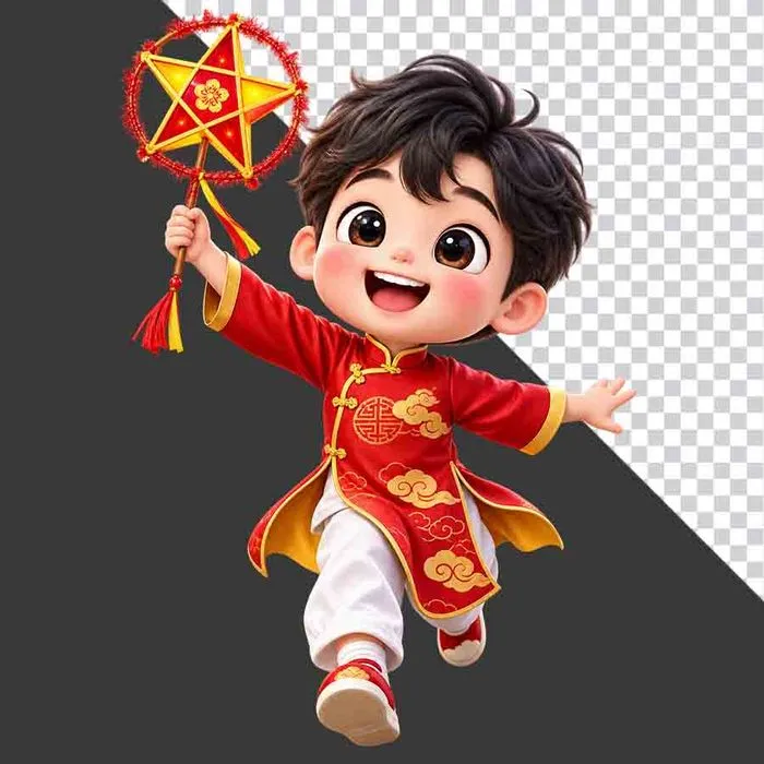 Hình ảnh em bé mặc áo dài đỏ cầm đèn lồng trung thu tách nền PNG chất lượng cao
