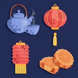 File vector Ai Trung Thu thỏ ngọc, bánh trung thu, đèn lồng và chén trà trên nền tím.