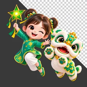 File PNG - Hình ảnh em bé mặc áo dài xanh cầm đèn lồng sao cùng chú lân hoạt hình