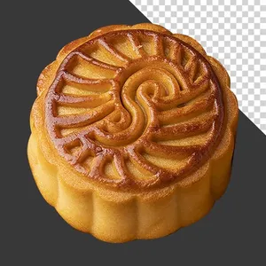 Bánh trung thu truyền thống hoa văn cổ điển vàng óng – File PNG không nền
