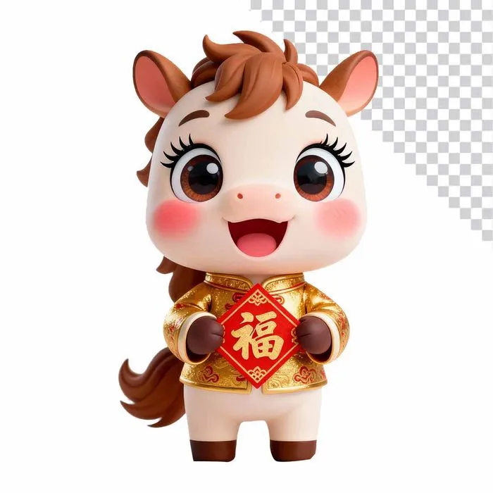 Linh Vật Ngựa Chibi Mặc Áo Gấm Vàng. PNG
