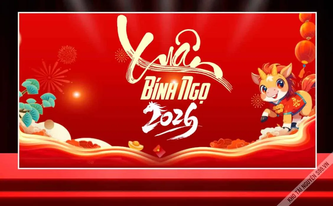 File Corel Xuân Bính Ngọ 2026 Background Tết Đỏ Ngựa Hoạt Hình