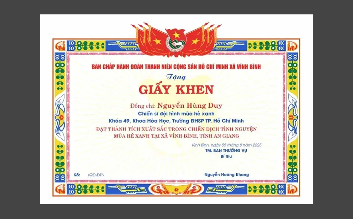 Mẫu giấy khen của ban chấp hành đoàn đội - File CDR 0026