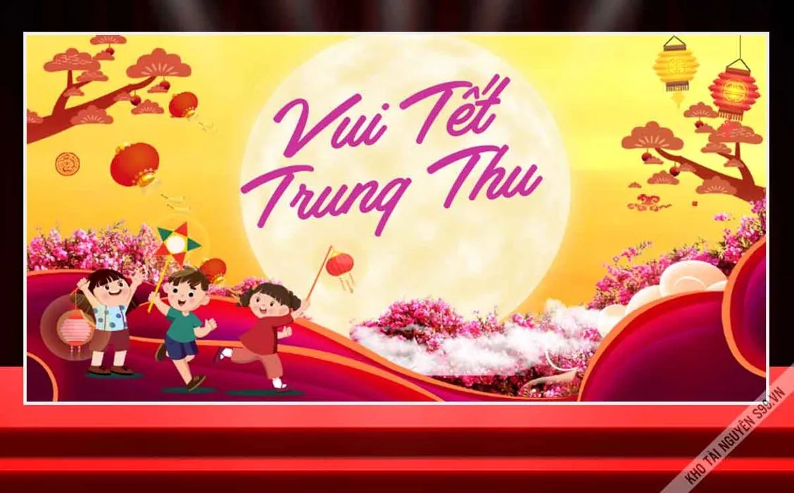Phông sân khấu Vui Tết Trung Thu thiếu nhi lồng đèn vàng trăng tròn File Corel