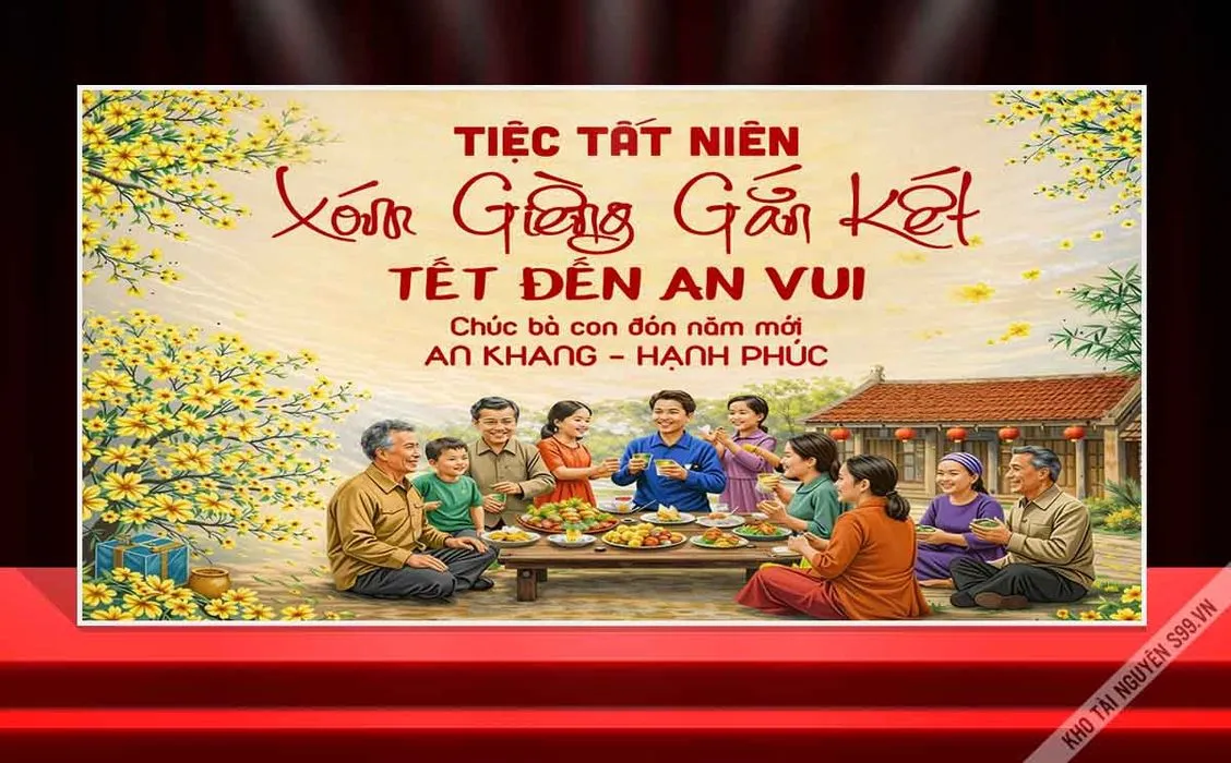 Backdrop Tất Niên Xóm Giềng Gắn Kết, Tết Đến An Vui CDR