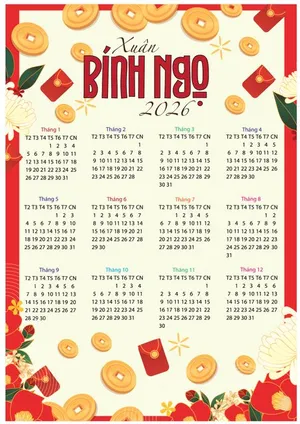 Lịch Xuân Bính Ngọ 2026 hoa đào vàng đỏ File Ai vector