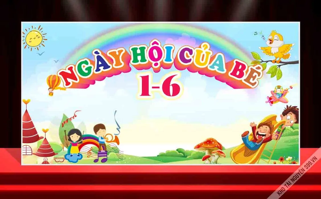 Backdrop Ngày Hội Của Bé 1/6 – Chủ Đề Cầu Vồng Vui Nhộn