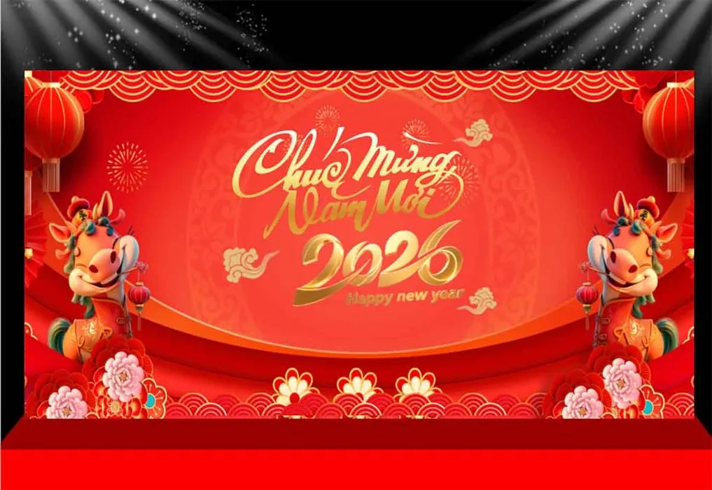 Backdrop Chúc Mừng Năm Mới 2026 - Ngựa Hoạt Hình Dễ Thương
