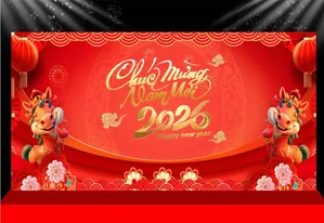 Backdrop Chúc Mừng Năm Mới 2026 - Ngựa Hoạt Hình Dễ Thương