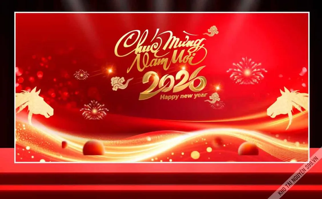 File corel Chúc mừng năm mới 2026 nền đỏ vàng pháo hoa chữ thư pháp