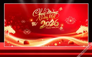 File corel Chúc mừng năm mới 2026 nền đỏ vàng pháo hoa chữ thư pháp